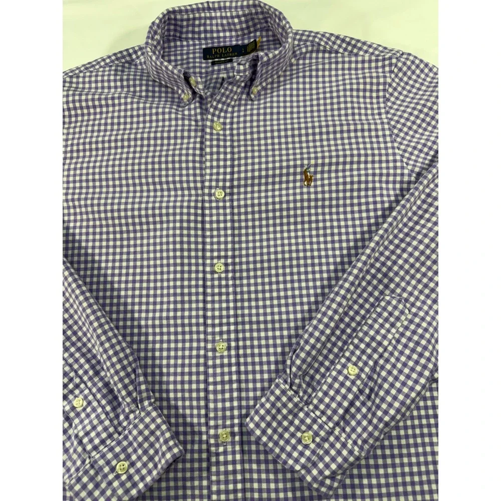 Polo Ralph Lauren Mens Gingham Check Button Down Shirt Purple White Classic  L